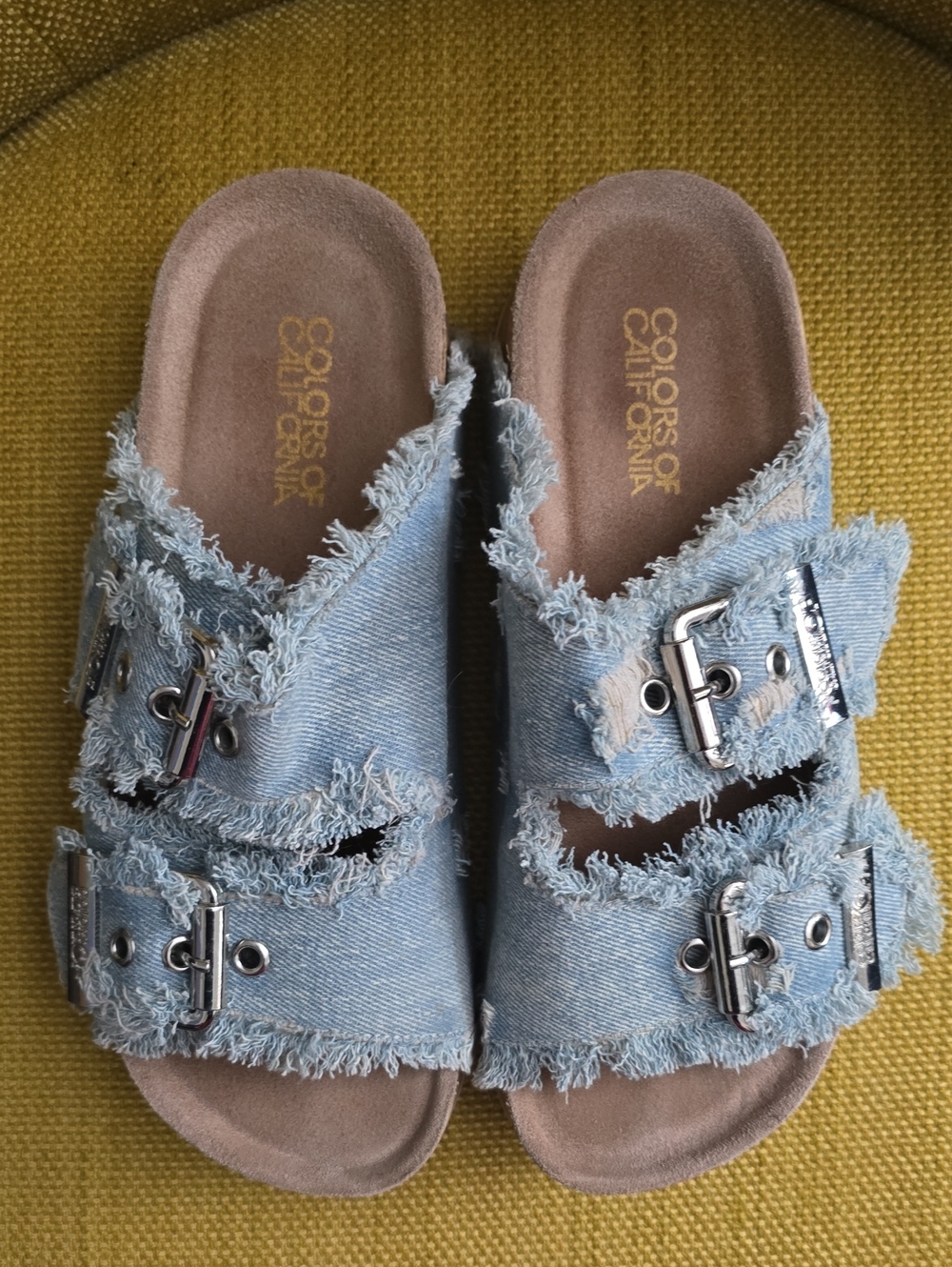 Colors of California Frayed Denim Double-Buckle Slide Sandals 7